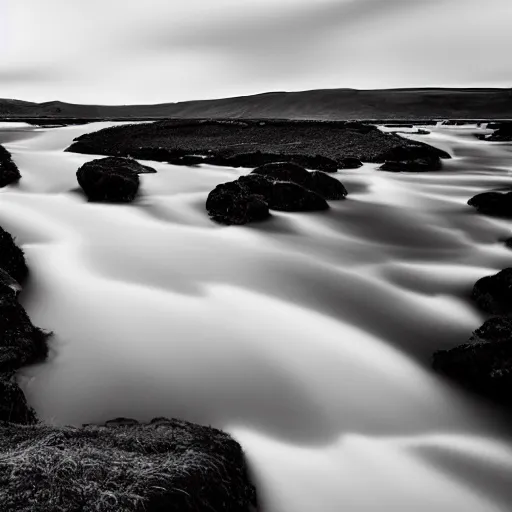 Image similar to minimalist black and white photograph of an icelandic valley, time exposure, of a river, sharp tall pillars, sharp rocks