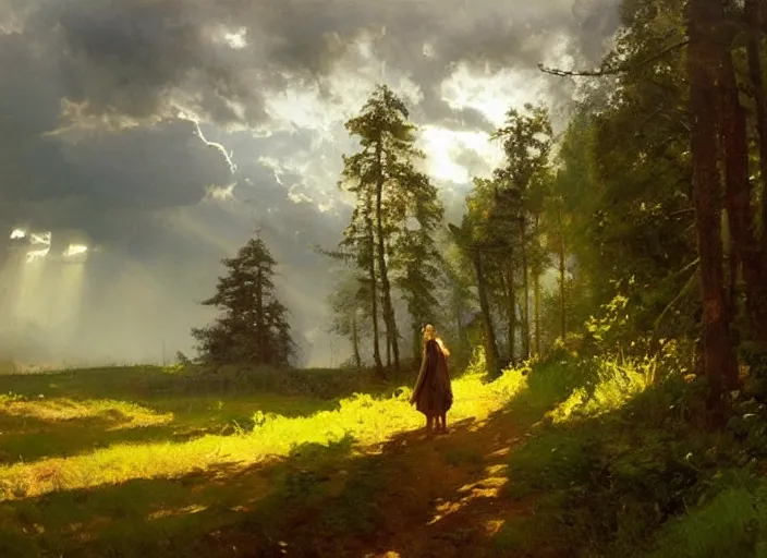 Image similar to oil painting of medieval forest path in dawn by anders zorn, wonderful art by greg rutkowski, incredible lighting, shadows, beautiful cinematic light, american romanticism by greg manchess, tall rocky mountains and storm clouds, sun rays, sunshine, bright sunny summer day, stone walls and wooden fences, meadow