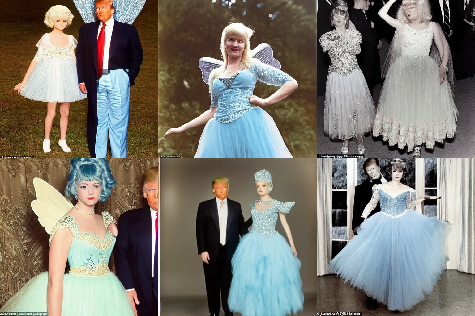 Prompt: Donald Trump wearing a Fairy dress with cream lace bodice with sleeves of sheer pale blue sequins photographed in the style of Diane Arbus