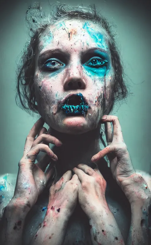 Image similar to grungy woman with luminescent paint flowing out of her mouth, dark, horror, cinematic, Sony a7R IV, symmetric balance, polarizing filter, Photolab, Lightroom, 4K, Dolby Vision, Photography Award