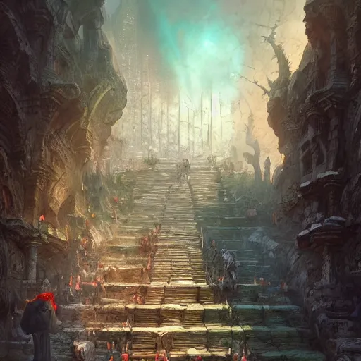 Image similar to the steps of a a crumbling stone temple in the middle of a bustling city, huge crowd on the street, fantasy, marc simonetti, anato finnstark, randy vargas, diego gisbert llorens, bayard wu, fantasy concept art, trending on artstation, 4k