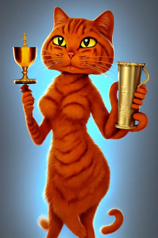 Image similar to fullbody!! personification of garfield the cat garfield goddess holding a blood chalice, stunning, garfield cat face, hyperrealistic, trending on artstation, smooth and sharp, intricate, highly detailed, elegant, professional character concept art by tatyana kupriyanova