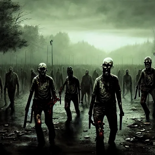 Prompt: a highly detailed scene of a zombie army, like walking dead, like night of the living dead, in the style of greg rutkowski, digital photography, photorealistic, realistic, extreme detail