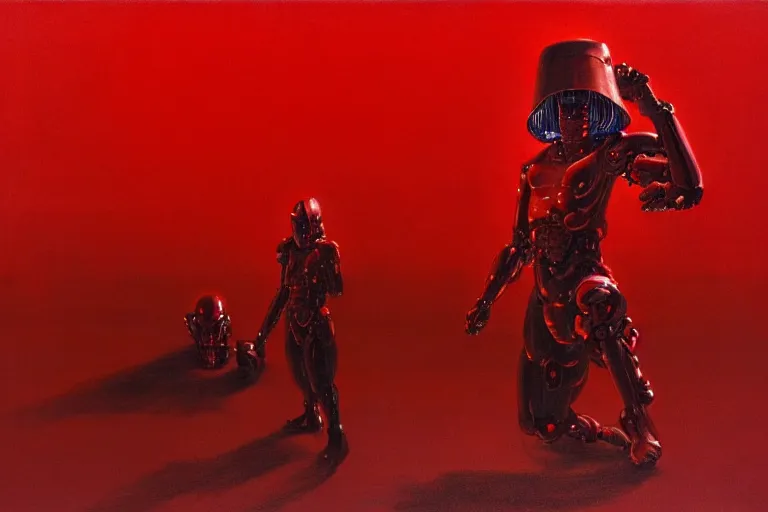 Image similar to only with red, a red cyborg samurai, tokio futuristic in background, some evil yokai fight, in the style of beksinski, parts by edward hopper, parts by rodcenko, parts by yue minjun, intricate and epic composition, red by caravaggio, insanely quality, highly detailed, masterpiece, red light, artstation, 4 k