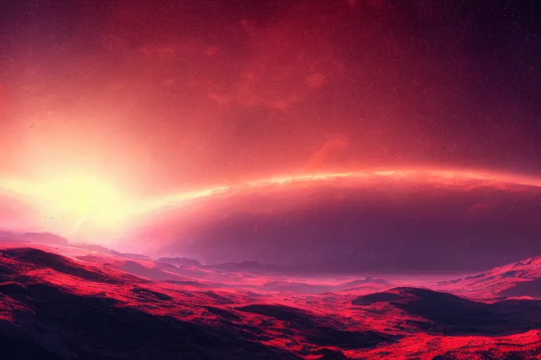 Image similar to beautiful landscape on an alien planet, the sky is red, there are two sun on the sky, digital art, highly detailed, 4k, trending on artstation