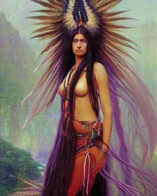 Image similar to beautiful female American Indian, long flowing hair, standing in a fantasy environment, realistic oil painting by Thomas Cole and Wayne Barlowe