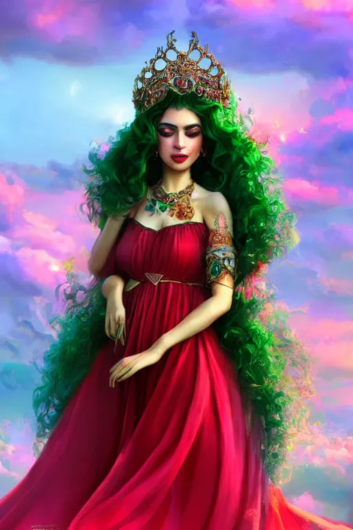 Image similar to a beautiful persian princess in colorful clouds and smoke, green eyes, red dress, long black curly hair, smiling in awe wearing a tiara, face, highly detailed, artstation, concept art, sharp focus, digital art by hana yata, octane render, unreal engine, 8 k