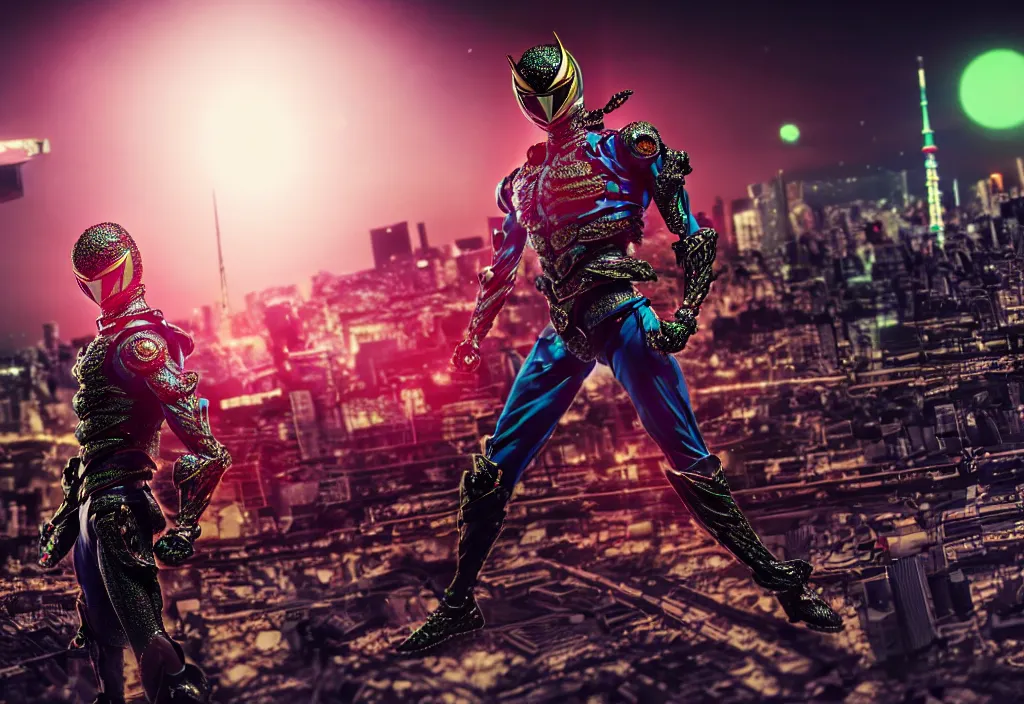 Image similar to huge belt, muscled kamen rider hero action pose, human structure, human anatomy, full body hero, intricate detail, hyperrealistic art and illustration by a. k. a limha lekan a. k. a maxx soul and alexandre ferra, global illumination, blurry and sharp focus, on future tokyo night rooftop, frostbite engine