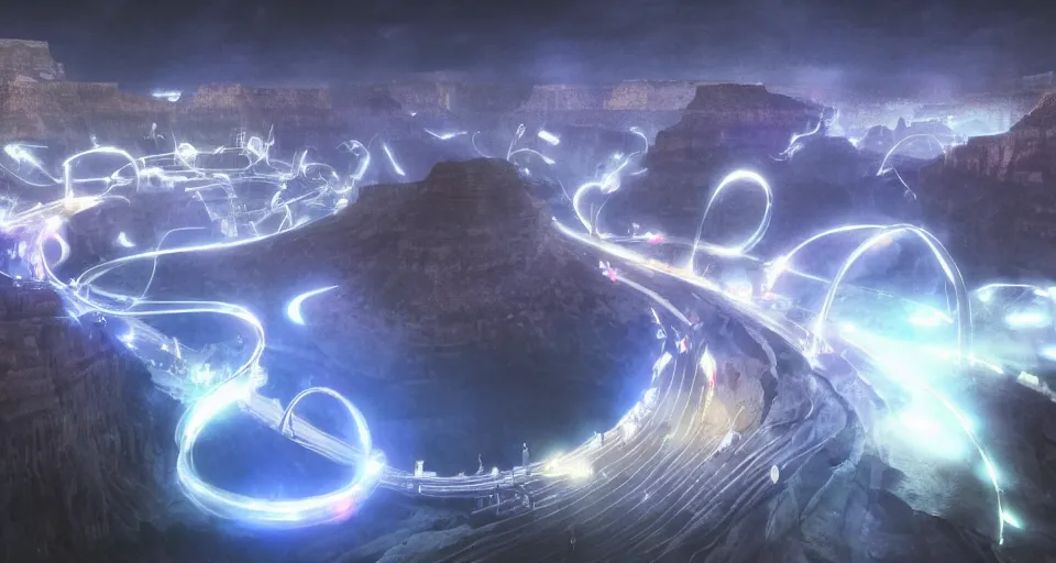 Image similar to night, a lot of people and a spiral - shaped white luminous attractor is floating in grand canyon, concept art, art for the game, professional lighting, art