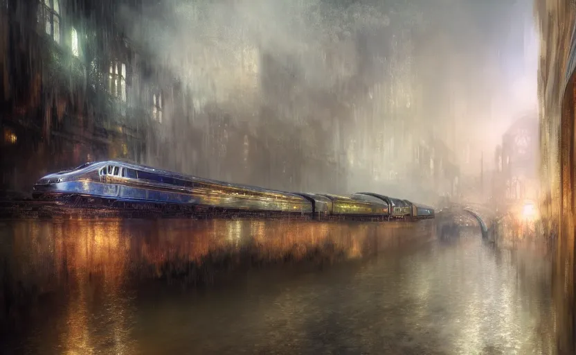 Image similar to an urban train rides inside of a waterway on a fantasy city. by artstation trending, by joseph mallord william turner, luis royo, konstantin razumov, cinematic lighting, fractal flame, highly detailed