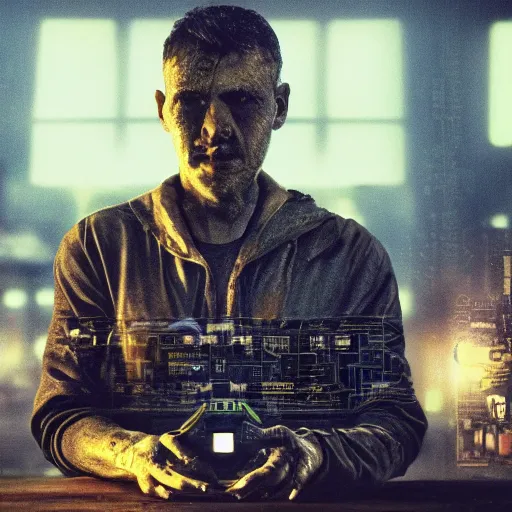 Image similar to augmented human repairing commodore 6 4, dark messy smoke - filled cluttered workshop, dark, dramatic lighting, orange tint, cinematic, highly detailed, sci - fi, futuristic, movie still from blade runner