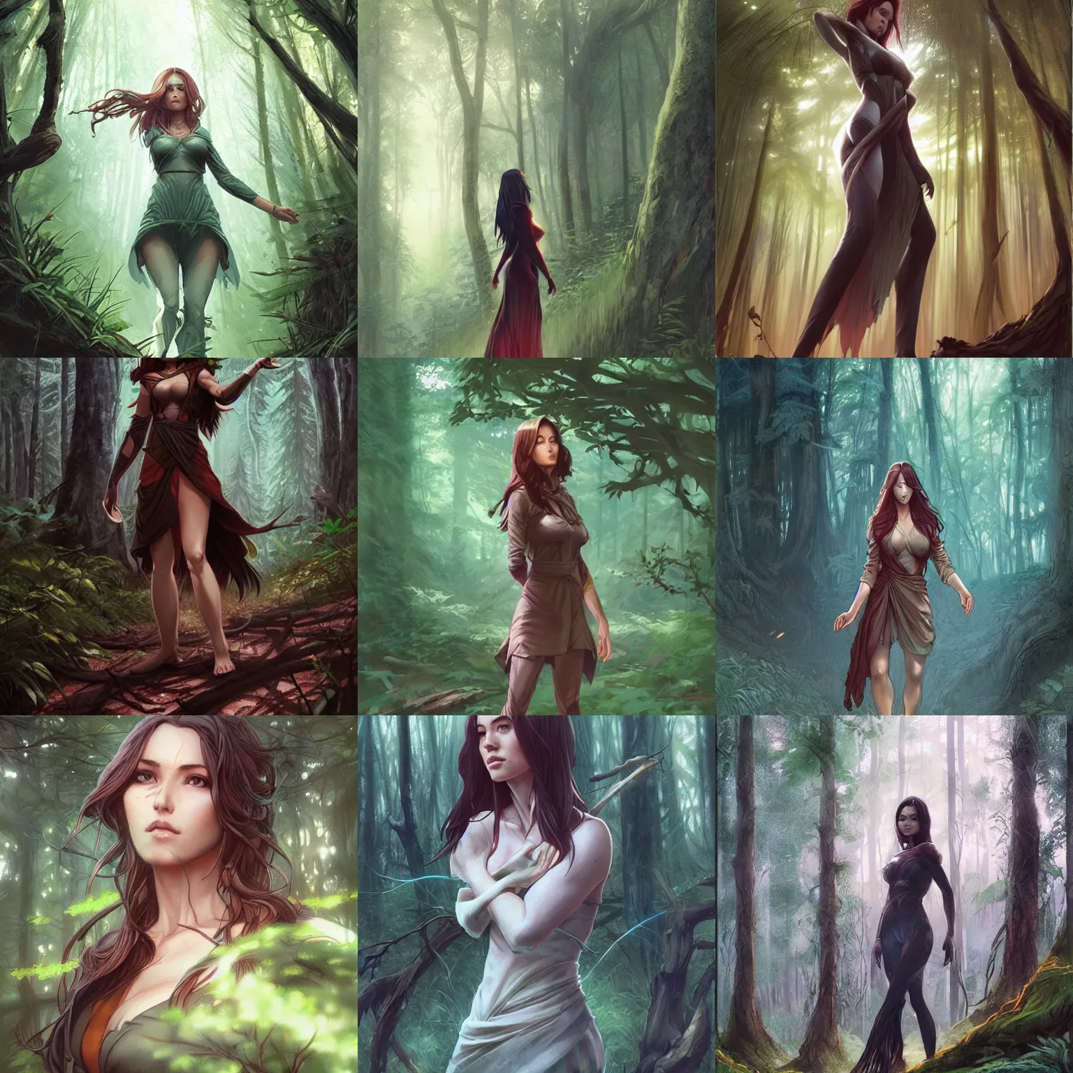 Prompt: a woman standing in a forest, art by artgerm and greg rutkowski and magali villeneuve
