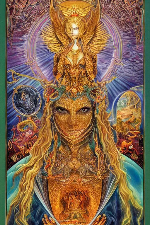 Prompt: beautiful tarot card of the queen of dreams by carol bak and jacek yerka and alex grey, oil on canvas, intricate border, symmetrical, portrait, 8k highly professionally detailed, HDR, CGsociety