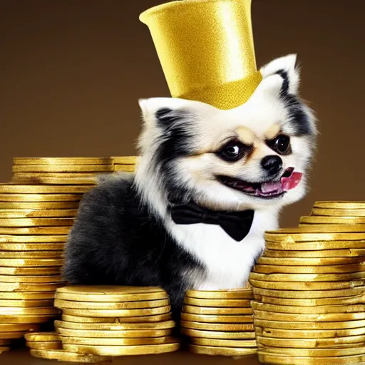 Image similar to A pomeranian wearing a top-hat, sitting on top of a large pile of gold coins