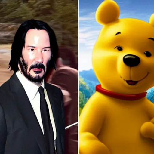 Image similar to Keanu Reeves cosplaying as Winnie the Pooh