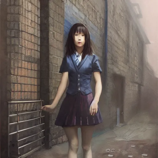 Image similar to a perfect, realistic professional oil painting of a Japanese schoolgirl posing in a dystopian alleyway, style of Marvel, full length, by a professional American senior artist on ArtStation, a high-quality hollywood-style concept