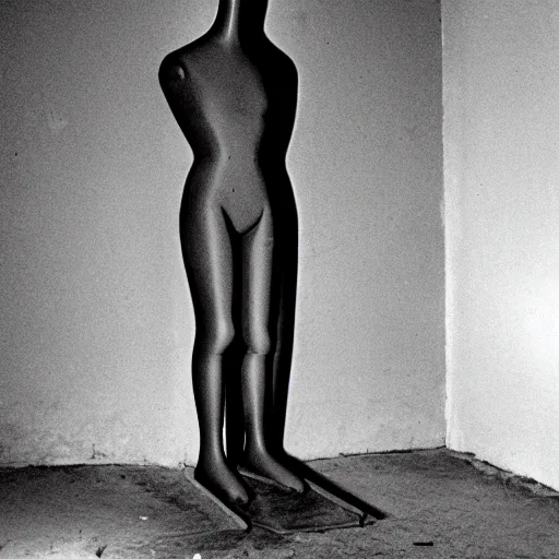 Image similar to Photograph of an abandoned 1940s liminal space, creepy mannequin standing in corner, dark, no lights, moist, taken using a film camera with 35mm expired film, bright camera flash enabled, award winning photograph, creepy, liminal space