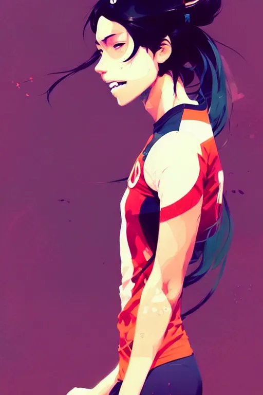 Image similar to a ultradetailed beautiful panting of a stylish girl in a volleyball jersey, by conrad roset, greg rutkowski and makoto shinkai, trending on artstation