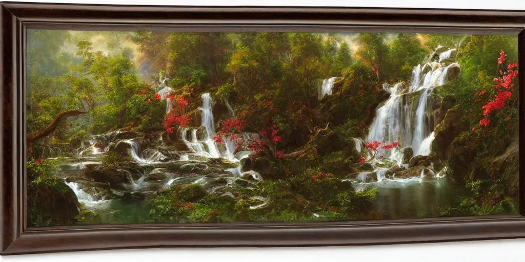 Image similar to scene of dreamlike cascading waterfalls, lilies, naturalistic art, by frederic edwin church,