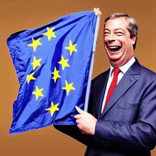 Image similar to nigel farage laughing holding burning eu flag, studio photograph, hd, studio