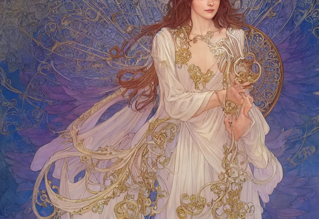 Prompt: an angel, highly detailed, very intricate, art nouveau, gold filigree, romantic storybook fantasy, soft cinematic lighting, award - winning, disney concept art watercolor illustration by mandy jurgens and alphonse mucha and alena aenami, pastel color palette, featured on artstation