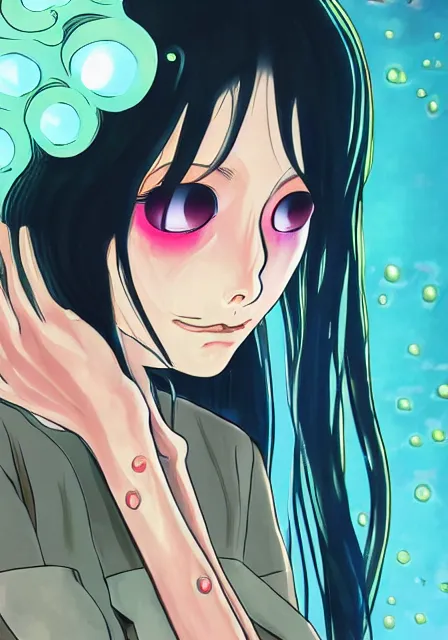 Image similar to portrait of a beautiful slime woman by junji ito, tsurumaki kazuya, 8 k, hd, saturated, flcl, hyperreality