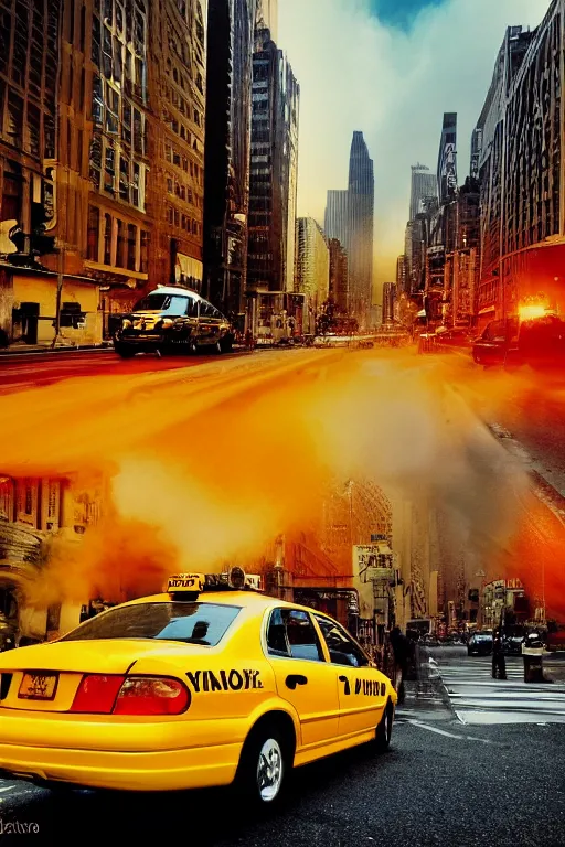 Image similar to yellow taxi cab in New York street from the back, very low angle, red back taillights, steam, sunset in the background, CGsociety, exquisite detail, post-processing, masterpiece, volumetric lighting, cinematic, hypermaximalistic, high details, cinematic, 8k resolution, beautiful detailed, insanely intricate details, sharp edges, smooth focus, low angle, tilted