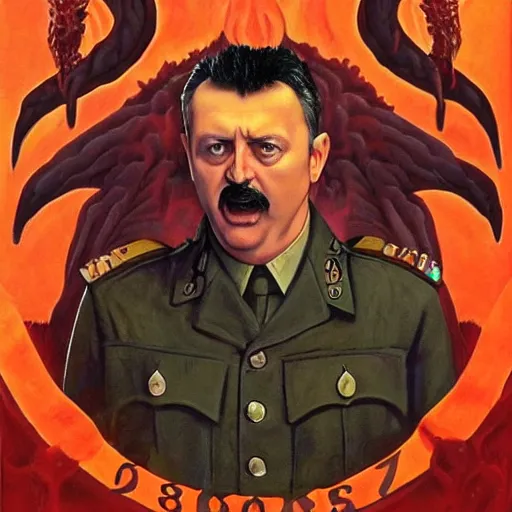 Image similar to igor ivanovich strelkov became an angry degraded satanic hellfire demonic abomination and calling for total mobilization, photo - realistic, color image, 2 k, highly detailed, bodyhorror, occult art