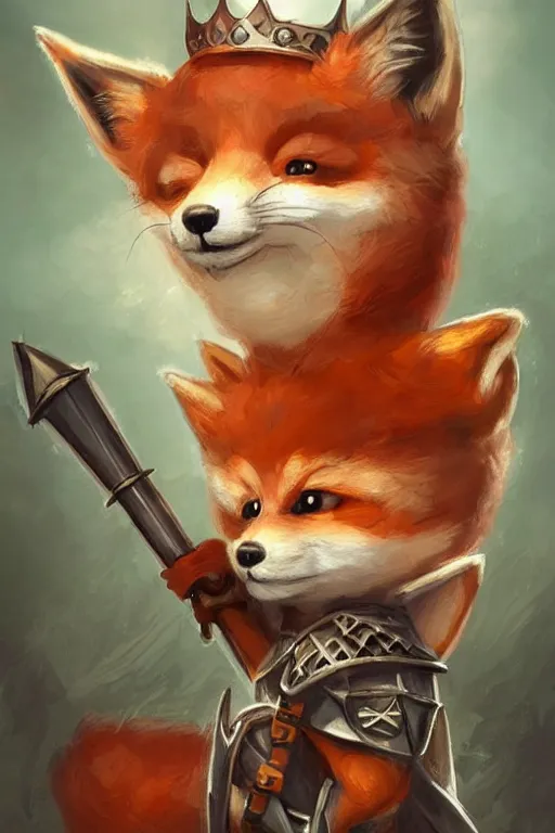 Image similar to cute little anthropomorphic foxy knight wearing a cape and a crown, tiny, small, miniature fox, baby animal, short, pale blue armor, cute and adorable, pretty, beautiful, DnD character art portrait, matte fantasy painting, DeviantArt Artstation, by Jason Felix by Steve Argyle by Tyler Jacobson by Peter Mohrbacher, cinematic lighting