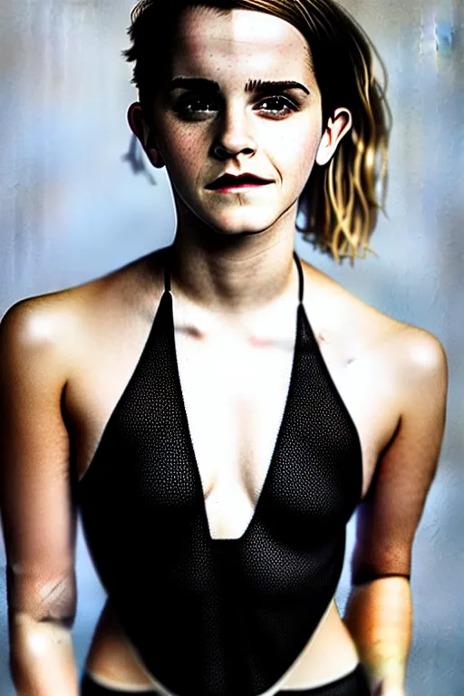 Image similar to emma watson wearing transparent clothes, skin of the whole body is visible, beautiful face, attractive, highly detailed photography, 4 k cinematic photo, cinematic lightening