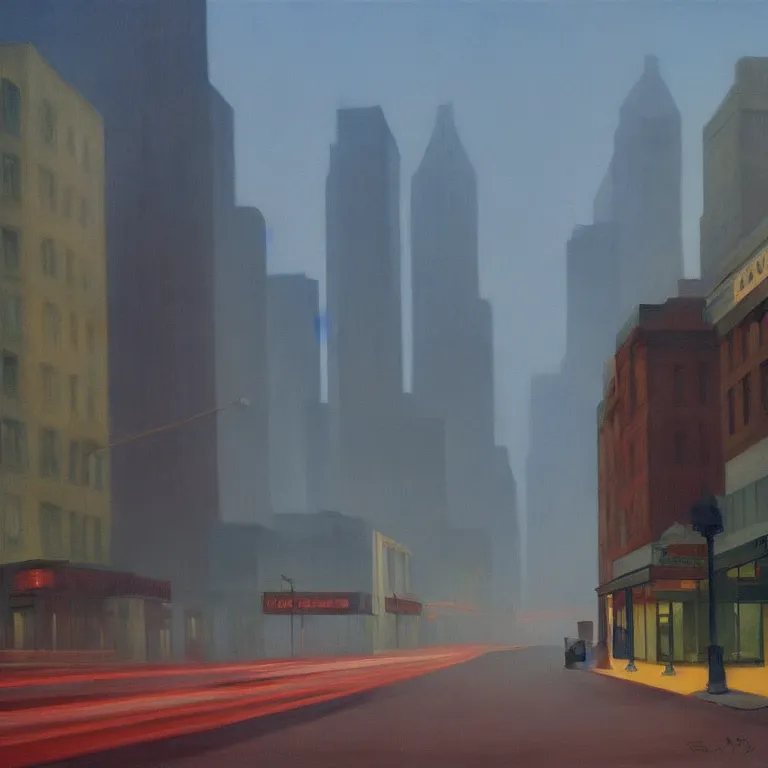 Image similar to city fog, early morning, painted by Edward Hopper, painted by Wayne Barlow, airbrush