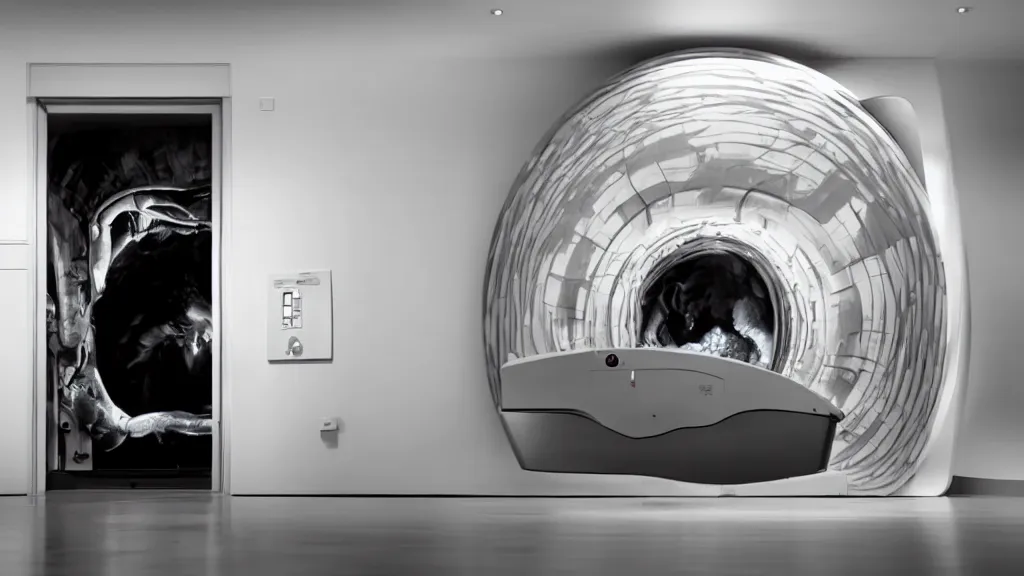 Image similar to an mri image open mri machine portal in the living room, film still from the movie directed by denis villeneuve with art direction by salvador dali, wide lens