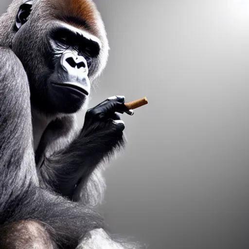 Image similar to a gorilla dressed as a mobster smoking a cigar, cinematic lighting, 4k, realistic