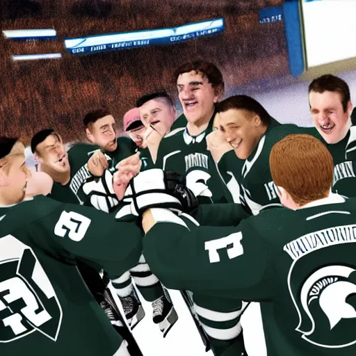 Prompt: in the style of NHL 22 video game, Michigan State hockey players embrace each other and celebrate winning a championship