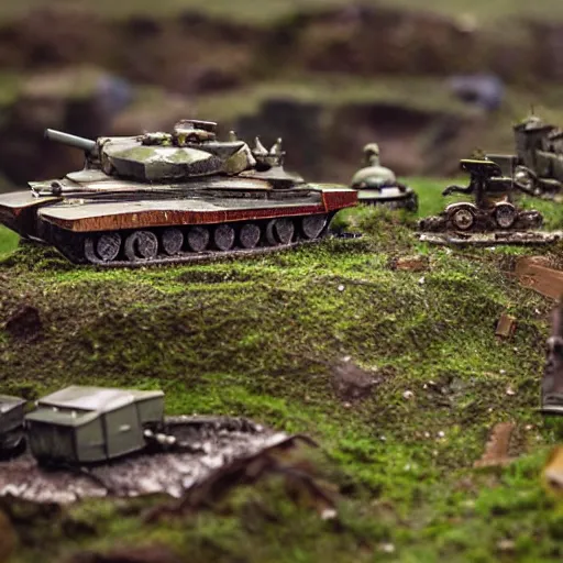 Image similar to photograph of a diorama of a battlefield, tanks and trenches, ruins, bokeh, macro photography