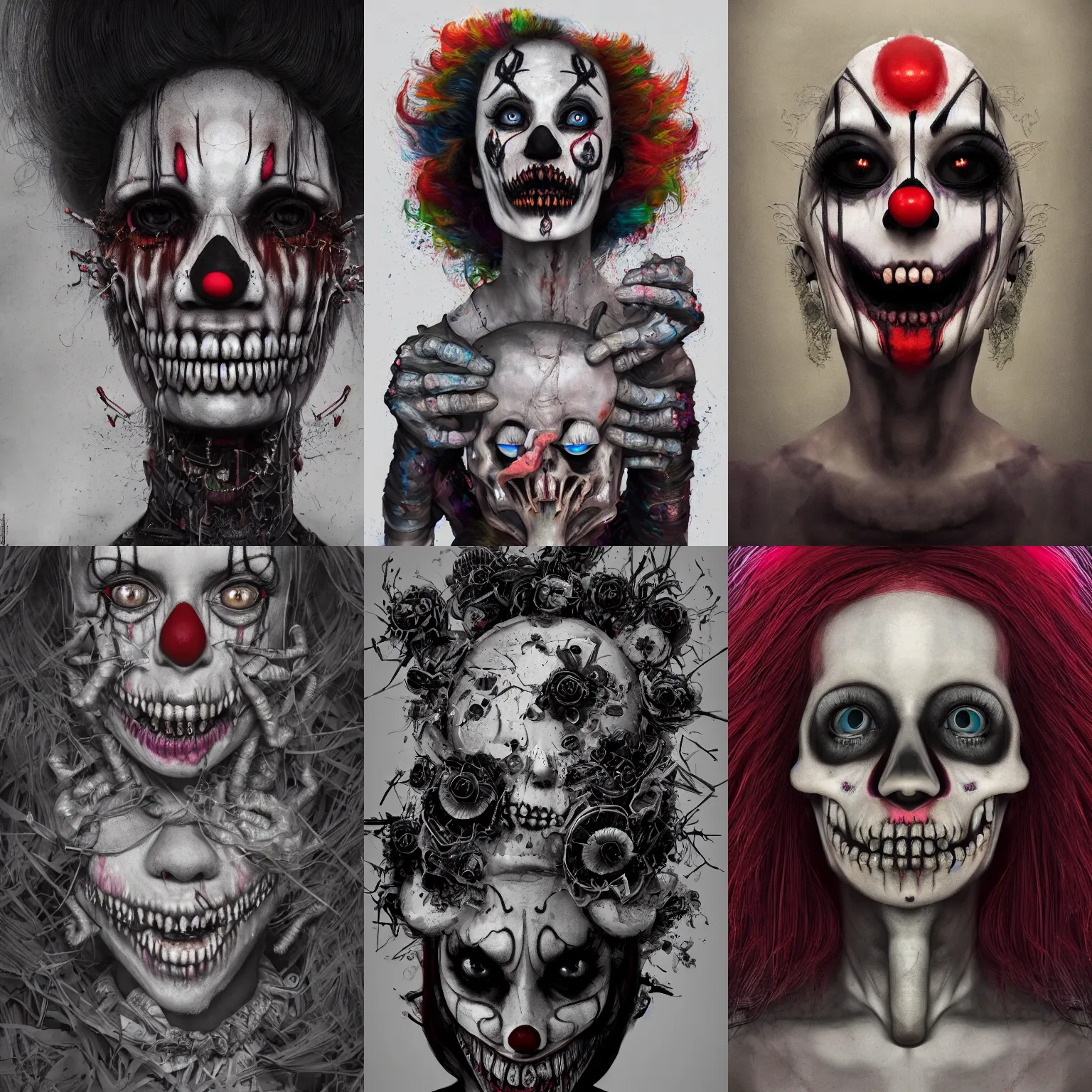 Image similar to portrait of a creepy clown girl skull. intricate abstract. intricate artwork. nightmare fuel. terrifying. by Tooth Wu, wlop, beeple, dan mumford. octane render, trending on artstation, greg rutkowski very coherent symmetrical artwork. cinematic, hyper realism, high detail, octane render, 8k, iridescent accents, black and white