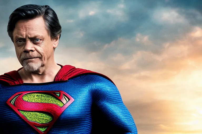 Image similar to promotional image of mark hamill as superman in the new superman movie, detailed face, movie still frame, promotional image, imax 70 mm footage