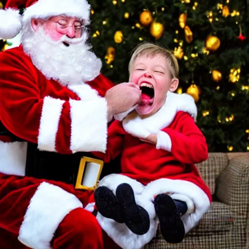 Image similar to santa screaming at a child biting his beard