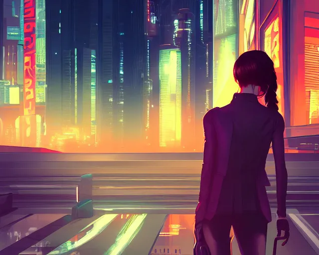 Prompt: a woman standing in front of a city at night, cyberpunk art by ilya kuvshinov, cgsociety, retrofuturism, ilya kuvshinov, artstation hd, artstation hq