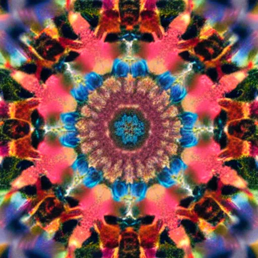 Image similar to out of focus, 35mm film, nature photography from the 70s, kaleidoscope, embroidery