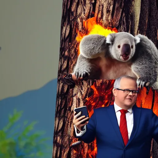 Image similar to Prime Minister Scott Morrison selfie by a forest fire, not holding a hose, smoke, koala bear in tree, cinematic, hyper realism, high detail, vivid colors, octane render, unreal engine, 8k