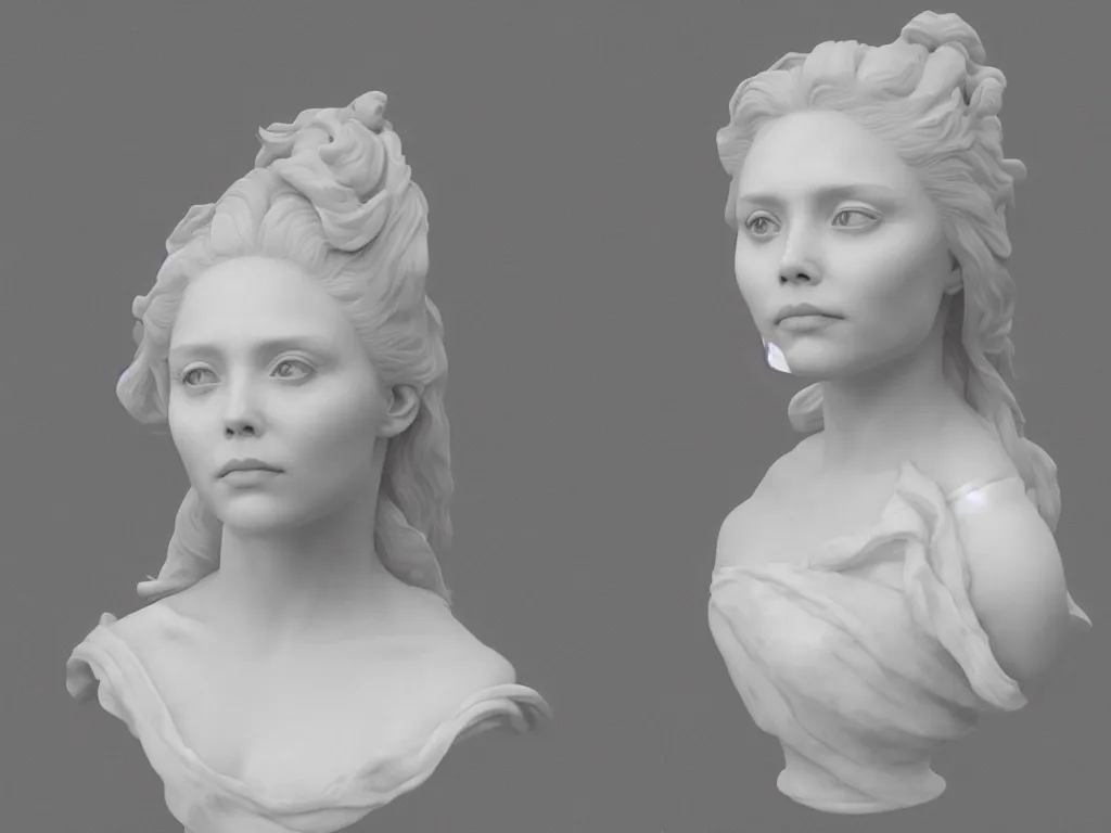 Prompt: a marble bust of actress Elizabeth Olsen, made of Carrara marble, in white marble, detailed, intricate, CGI, cgsociety, trending on artstation, photograph, single subject, by Gian Lorenzo Bernini