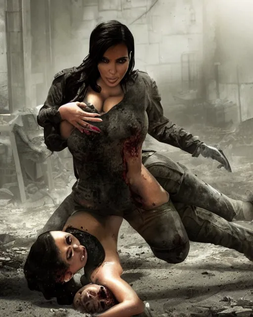 Image similar to A photo still of kim kardashian being held on the ground by zombies in resident evil, highly detailed, artstation, concept art, sharp focus, illustration, cinematic lighting, wide-shot.