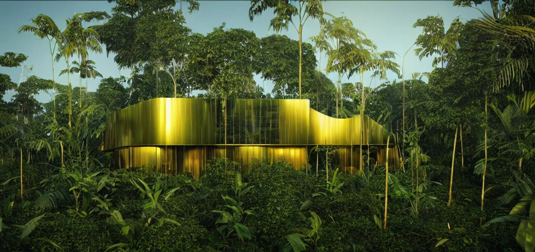 Image similar to futuristic shinny golden building camouflaged in the amazonian jungle landscape of a solarpunk world by alvar aalto, golden roads by le corbusier, movie poster, golden ratio, at dusk lighting, evening lighting, reflections and refractions, film still, hyper realistic, octane render redshift arnold materials unreal engine, 8 k, post production, hyper detailed