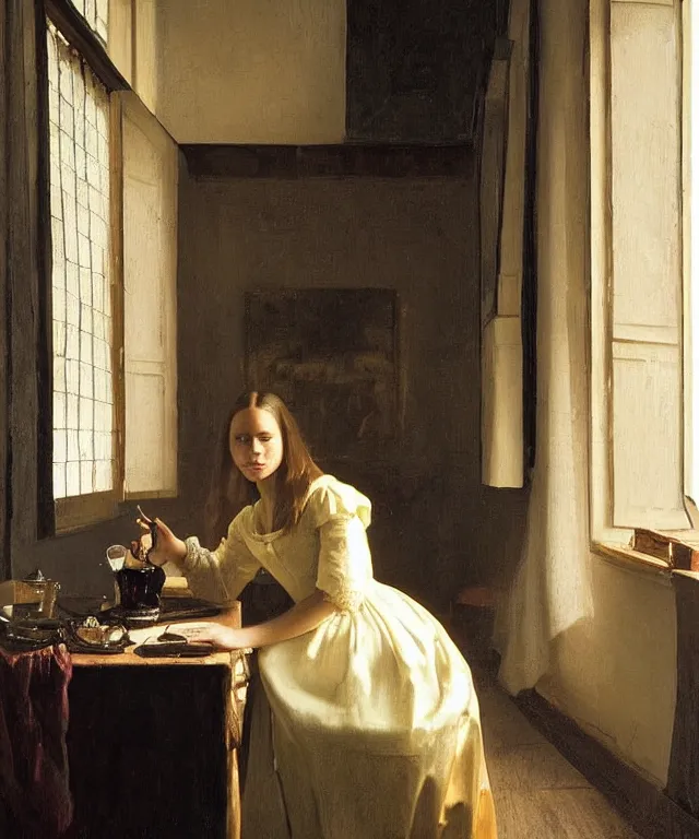 Image similar to a highly detailed, beautifully lit portrait of a pretty, young alicia jessica vikander alba sitting at a table by an open window, oil painting portrait by vermeer