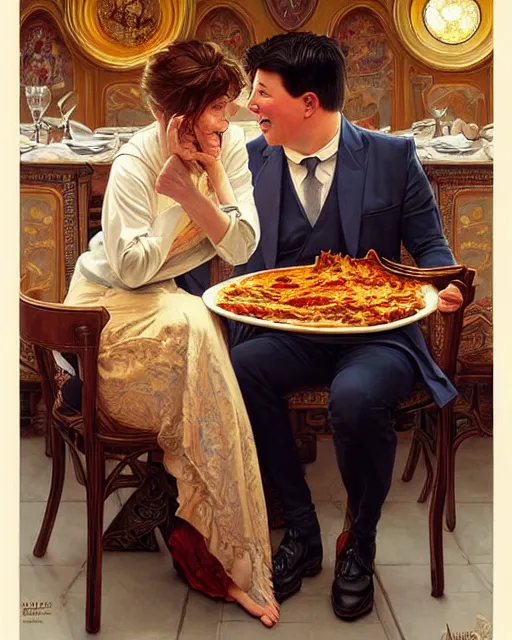 Prompt: Portrait of Michael Mcintyre & a blonde lady eating lasagna on r das flores in Porto,real life skin, intricate, elegant, highly detailed, artstation, concept art, smooth, sharp focus, art by artgerm and greg rutkowski and alphonse mucha