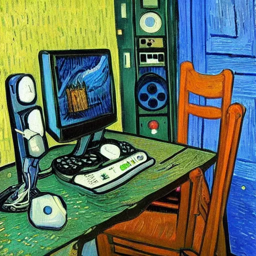 Prompt: oil painting of a gamer computer gamer pc, oil in canvas, painted by van gogh