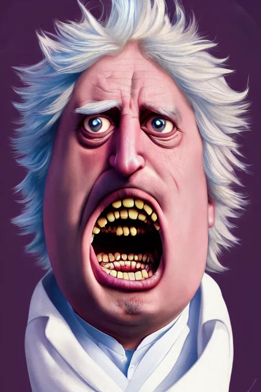 Prompt: Boris Johnson as a kind smiling Rick Sanchez from Rick and Morty, unibrow, white robe, big eyes, realistic portrait, symmetrical, highly detailed, digital painting, artstation, concept art, smooth, sharp focus, illustration, cinematic lighting, art by artgerm and greg rutkowski and alphonse mucha