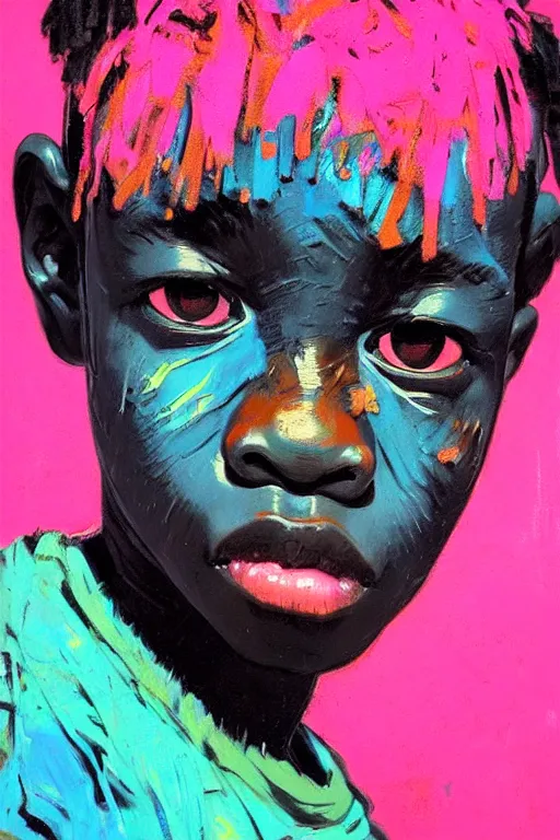 Prompt: portrait of a stylized african young angry boy painted in acrylic, pigment, in the colors hot pink and cyan, beautiful realistic face, rule of thirds, spotlight, by greg rutkowski, by jeremy mann, by francoise nielly, by van gogh, by ross tran, in focus