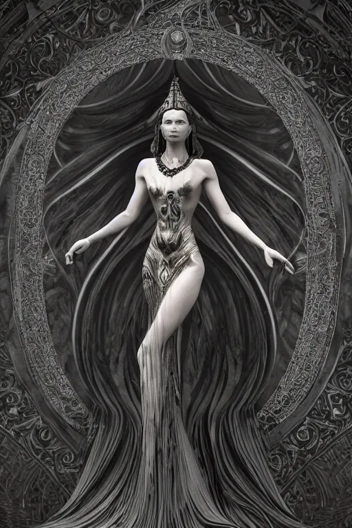 Image similar to a realistic dark photo of a beautiful ancient alien woman goddess kate moss nataraja standing in iris van herpen dress in style of alphonse mucha art nuvo dmt trending on artstation made in unreal engine 4 in 8 k